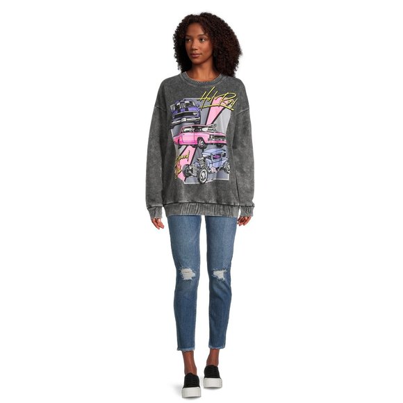 No Boundaries Juniors’ Washed Graphic Sweatshirt, Sizes XS-XXXL-Black Shoot - Picture 5 of 5